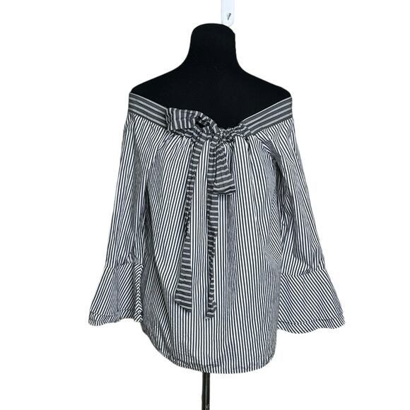 Loft gray white stripes off shoulder 3/4 sleeves blouse size small - Picture 2 of 13